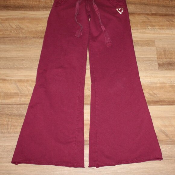 TWISTED HEART Size P-SM Burgundy Wine Rhinestone Heart Wide Leg Sweatpants - Picture 6 of 10